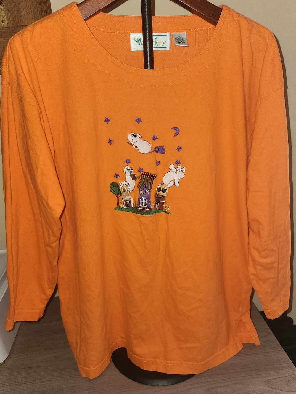 Orange Long Sleeve Embroidered Graphic Top
